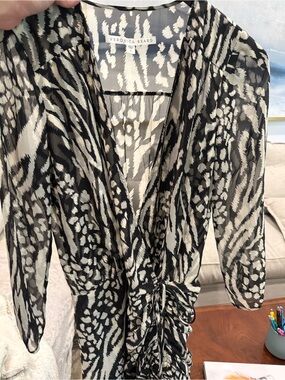 Veronica Beard black and white animal print wrap dress with ruched skirt